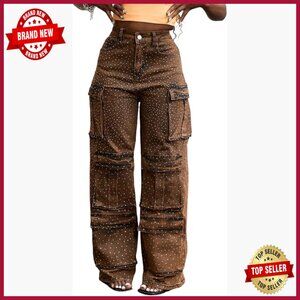 Rhinestone Cargo Jeans High Waisted Wide Leg Stretch Denim Pants Glitter